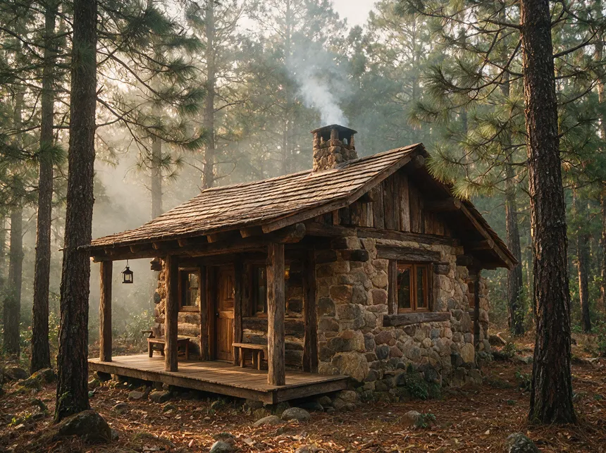 Cabaña de piedra entre la neblina