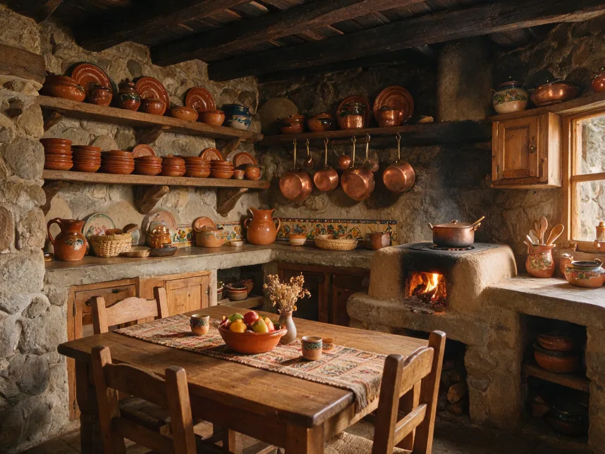 Cocina rústica con cazos de cobre