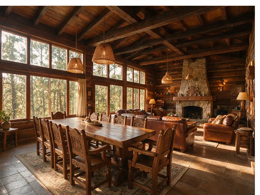Comedor para diez y sala con chimenea