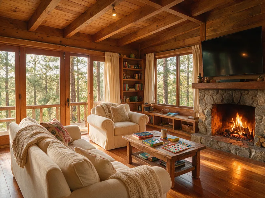 Sala con chimenea y juegos