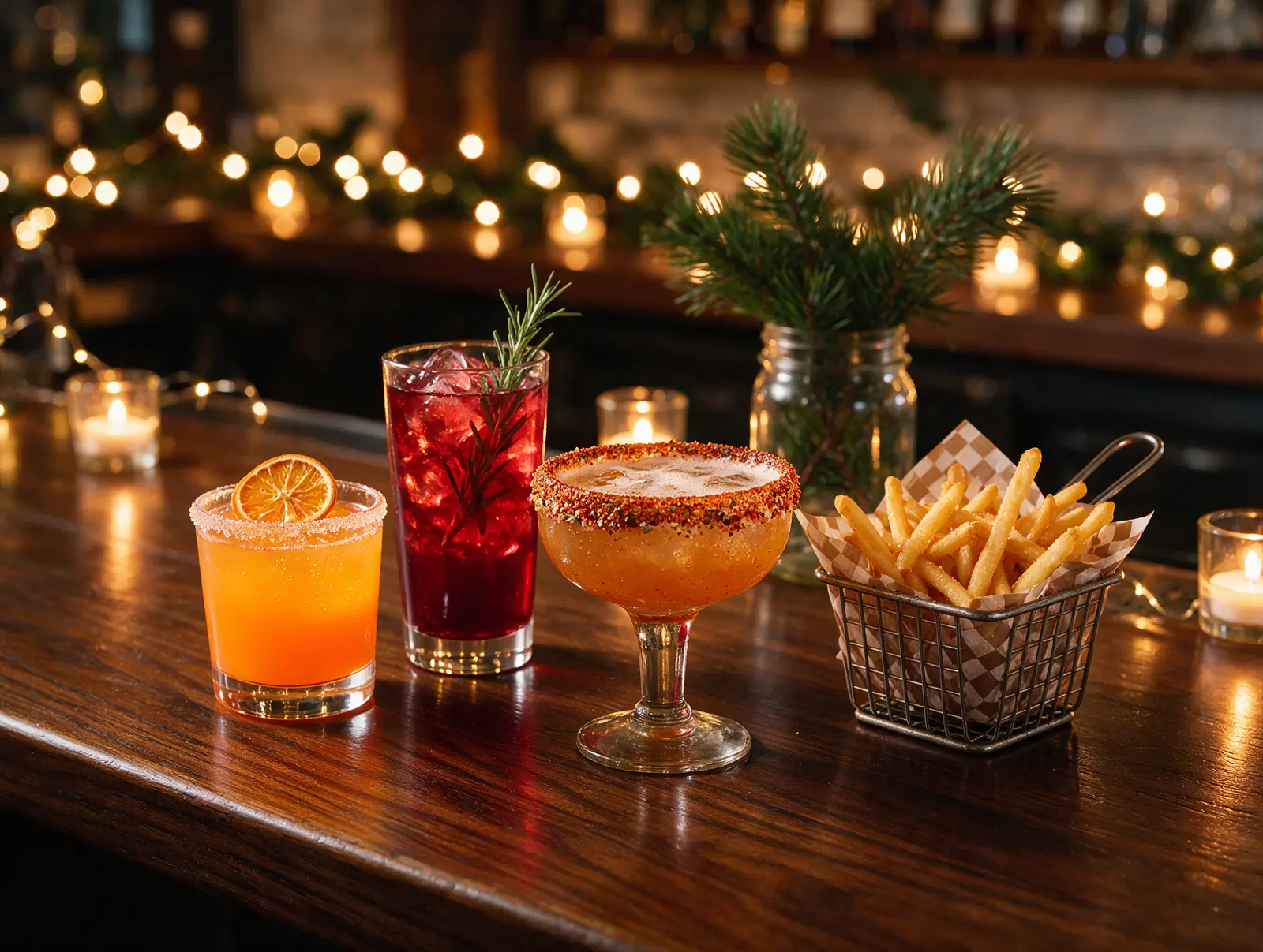 Cocteles, michelada y papas sobre la barra