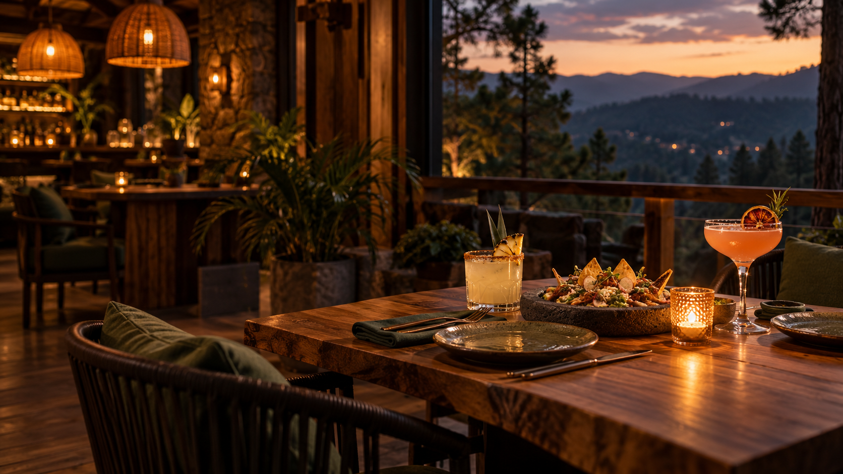 Mesa preparada con cocteles al atardecer