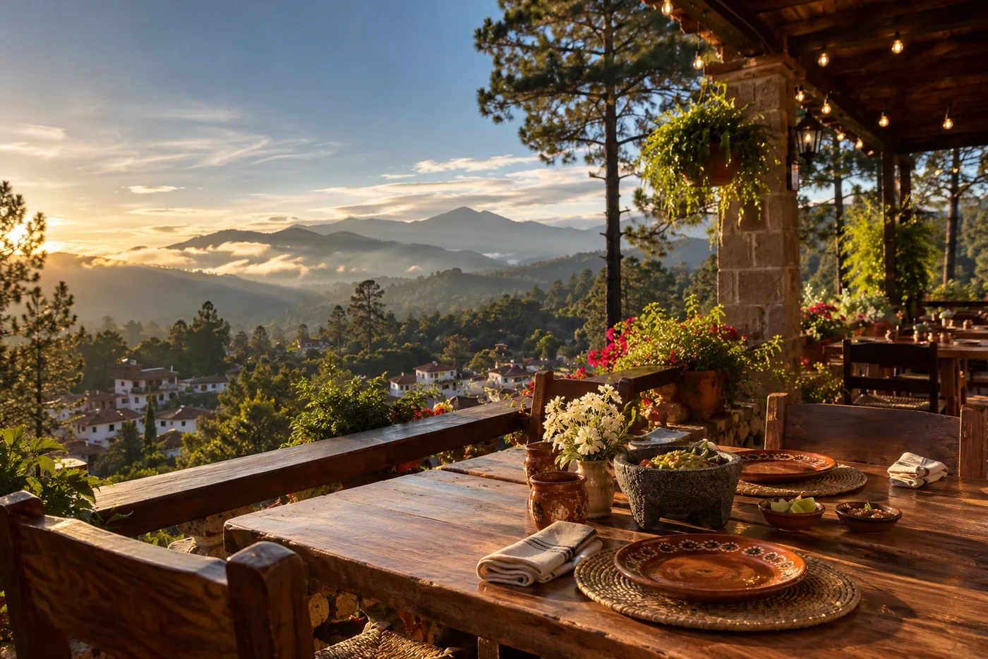 Mesa de restaurante con vista a la sierra